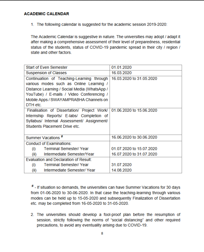 UGC Guidelines on Examinations and Academic Calendar
