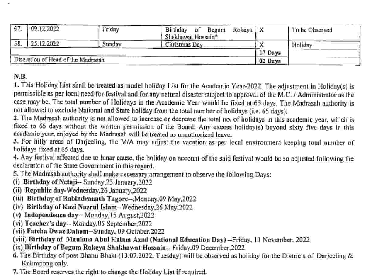  PDF WB Madrasah Holiday List 2022 wbbme Holiday List 2022 very Big