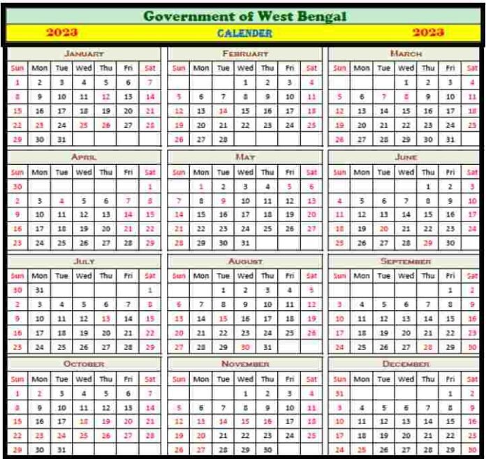 [Calendar]WB Govt Holiday List 2023 Calendar West Bengal Holiday List