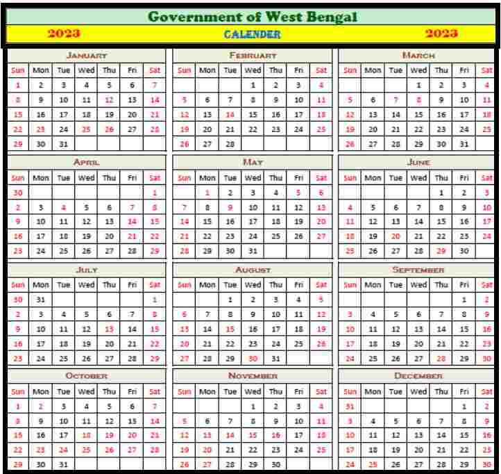  Calendar WB Govt Holiday List 2023 Calendar West Bengal Holiday List