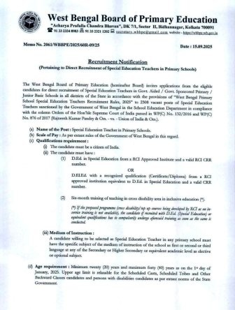 West Bengal Primary School Special Educator Recruitment 2025
